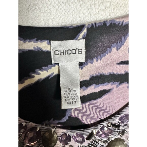 Chico's Sz 2 Rhinestone Neck Line Animal Print Purple Black Blouse Shirt Top - Picture 2 of 7